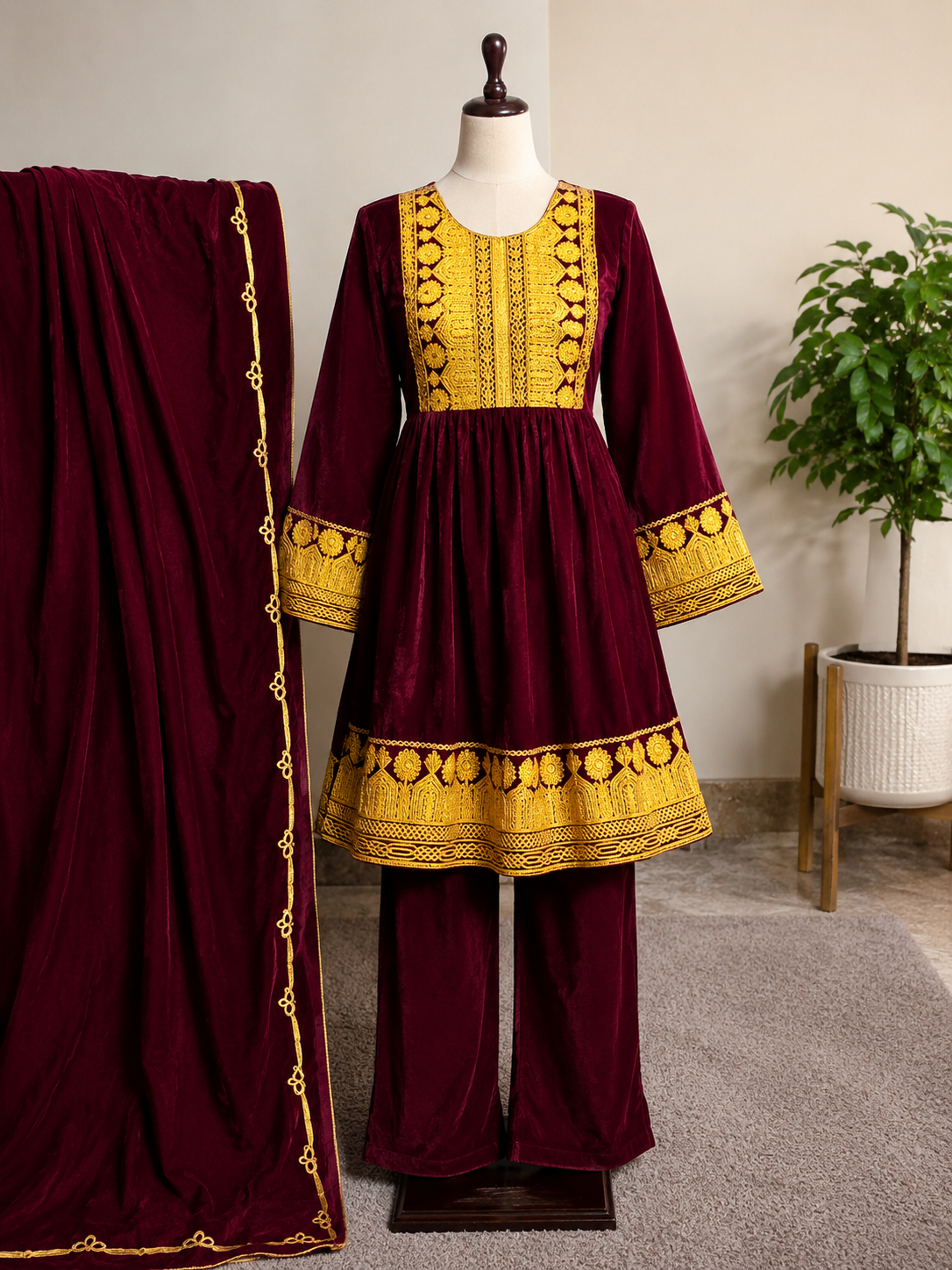Elegant Maroon Velvet Embroidered 3-Piece Suit for Women