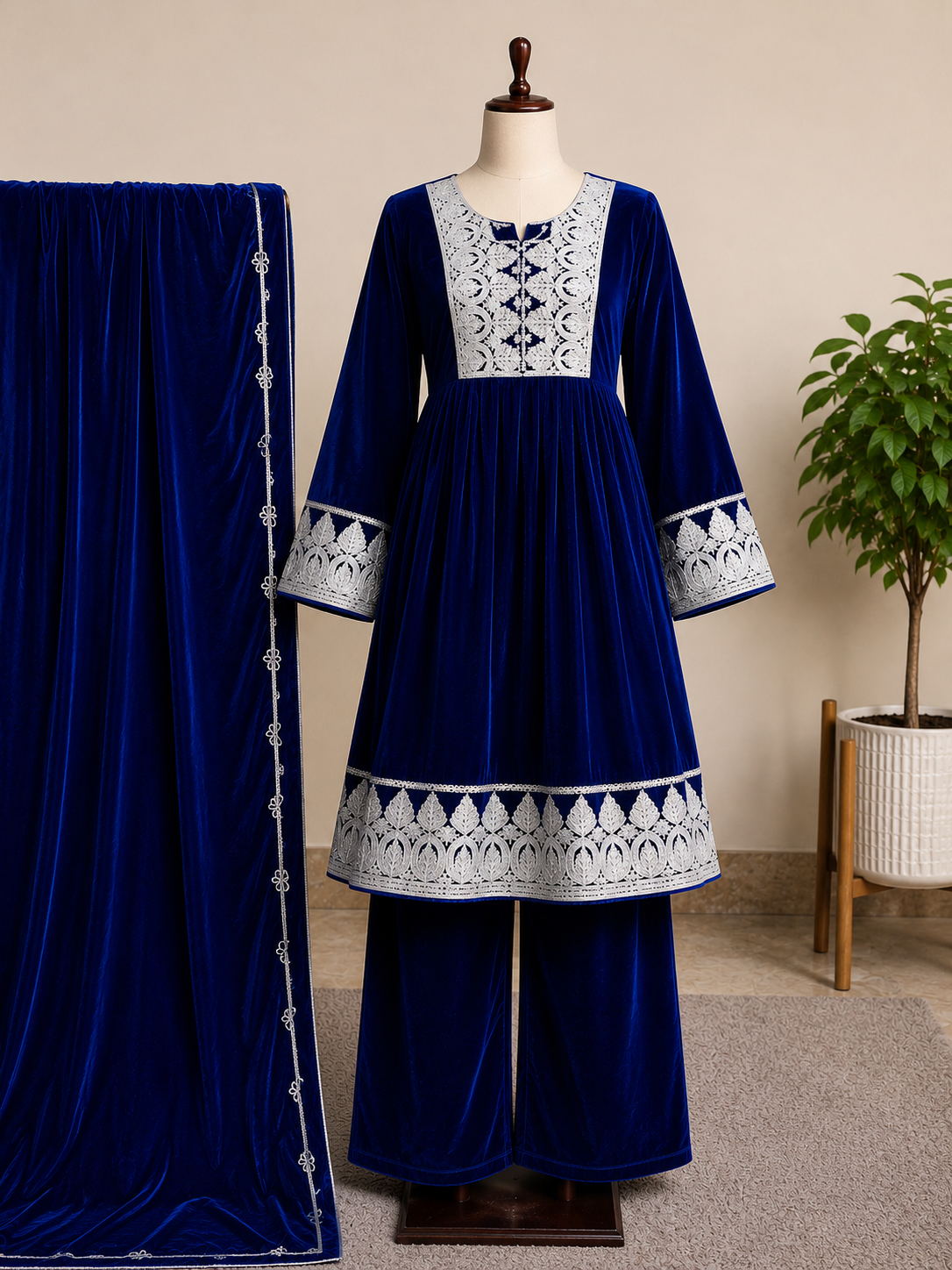 Royal Blue Velvet Embroidered 3-Piece Suit