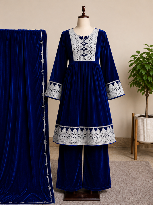 Royal Blue Velvet Embroidered 3-Piece Suit