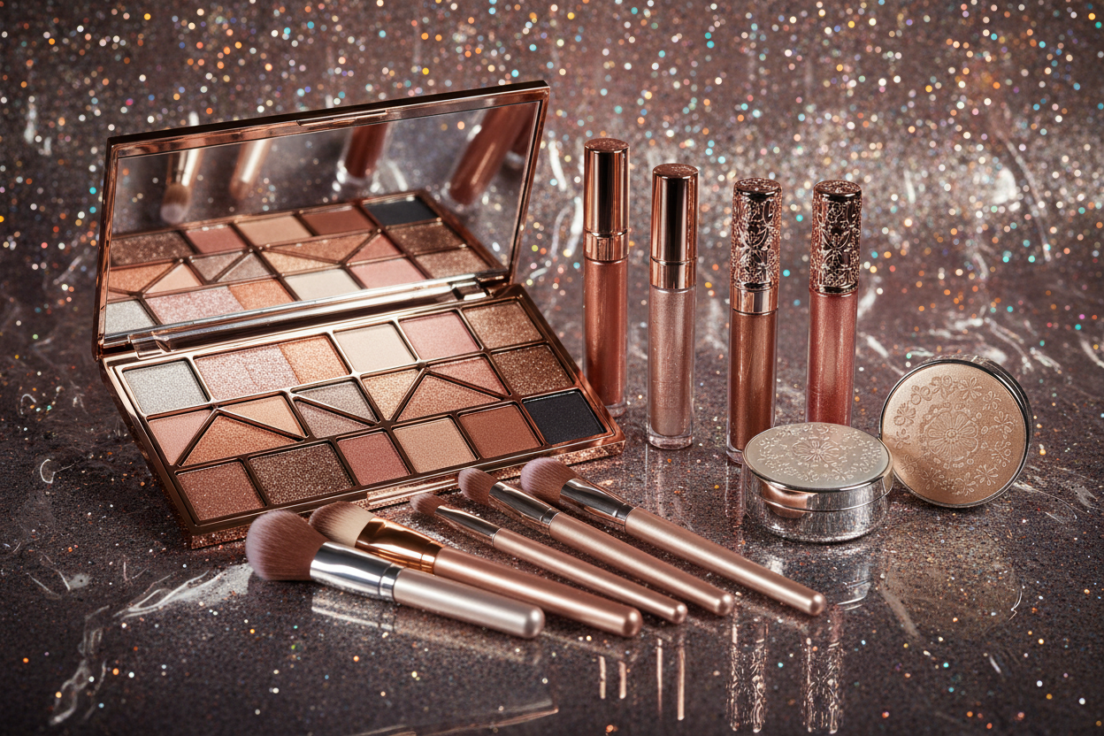 shiny makeup kit with shiny back ground